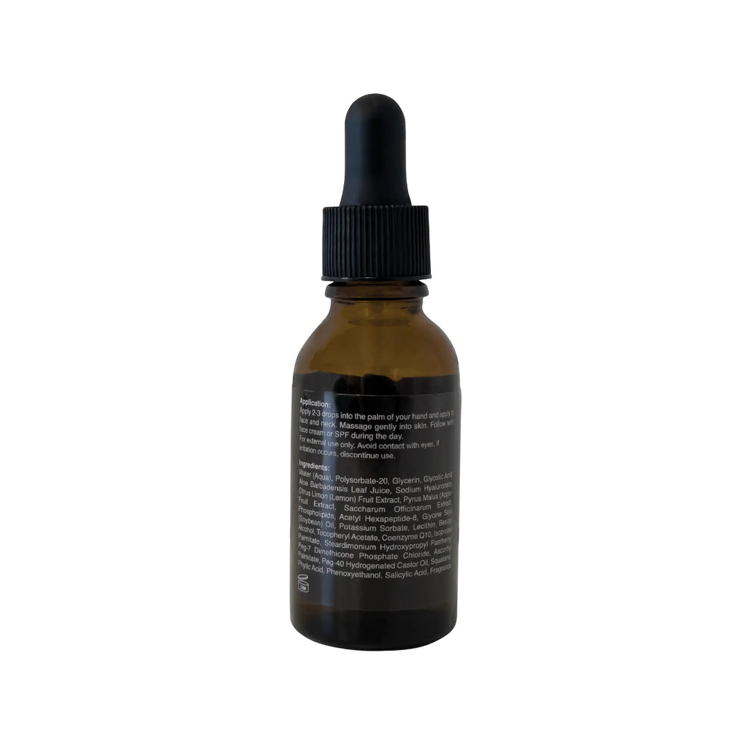 8thereal glycolic acid serum in an amber glass dropper bottle for skin exfoliation and brightening