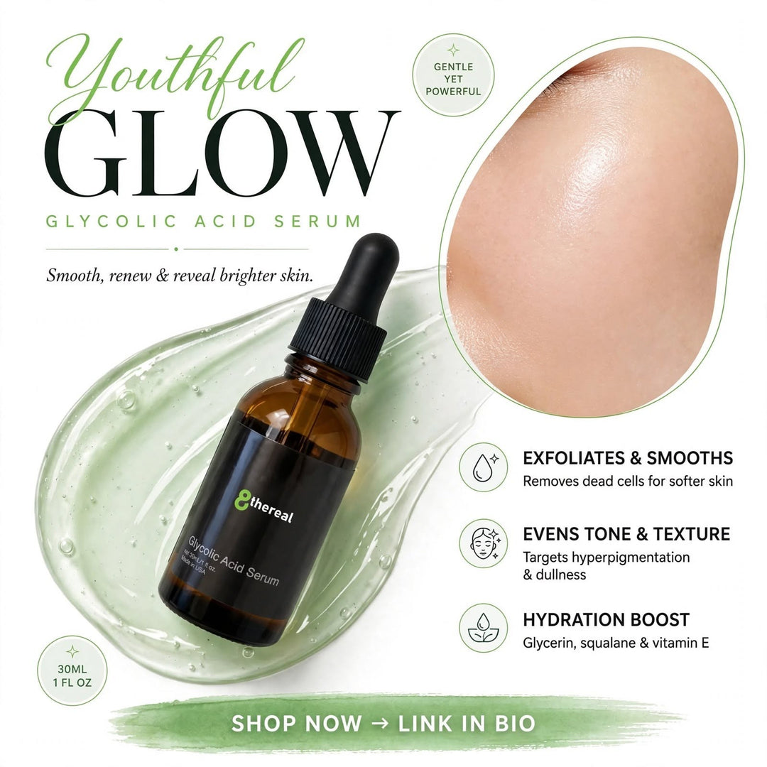 8thereal Glycolic Acid Serum in an amber glass dropper bottle with a clear gel texture, promoting smooth, bright skin.