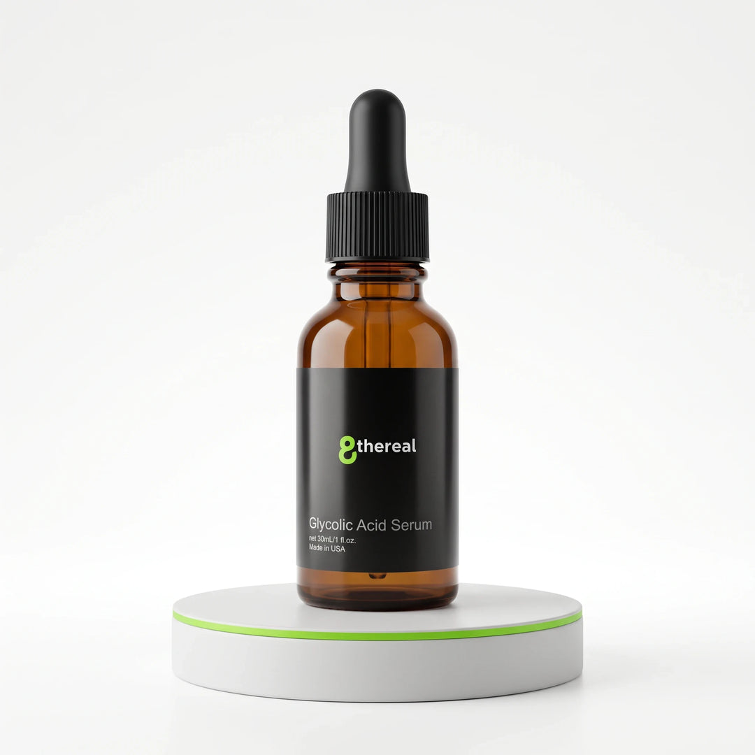 8thereal Glycolic Acid Serum in an amber glass dropper bottle on a white pedestal for skin exfoliation and brightening.