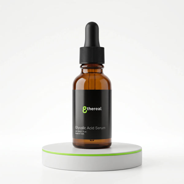 8thereal Glycolic Acid Serum in an amber glass dropper bottle on a white pedestal for skin exfoliation and brightening.