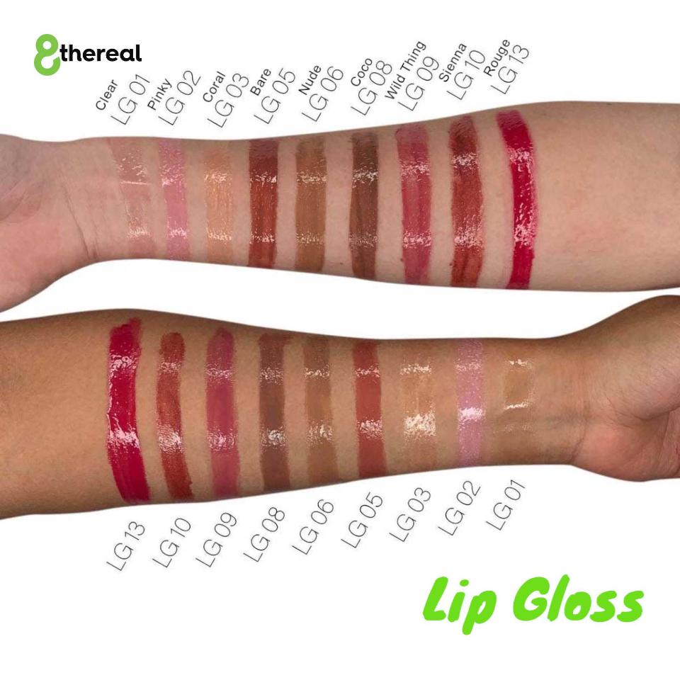8thereal high-shine lip gloss swatches on arm showing various sheer and pigmented shades from clear to deep red