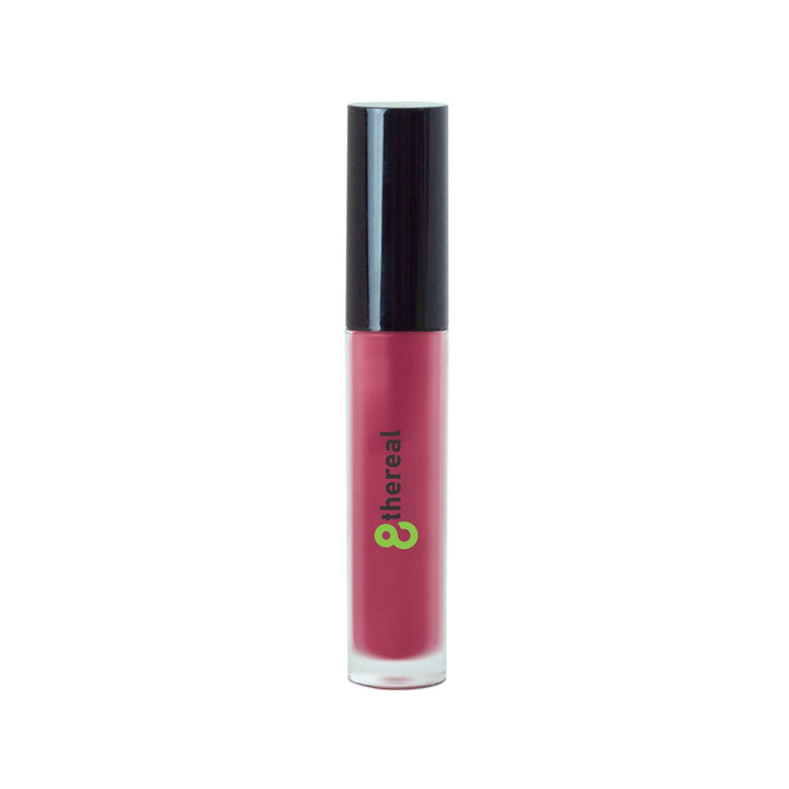 8thereal high-shine lip gloss in a pink berry shade with a sleek clear tube and black cap.