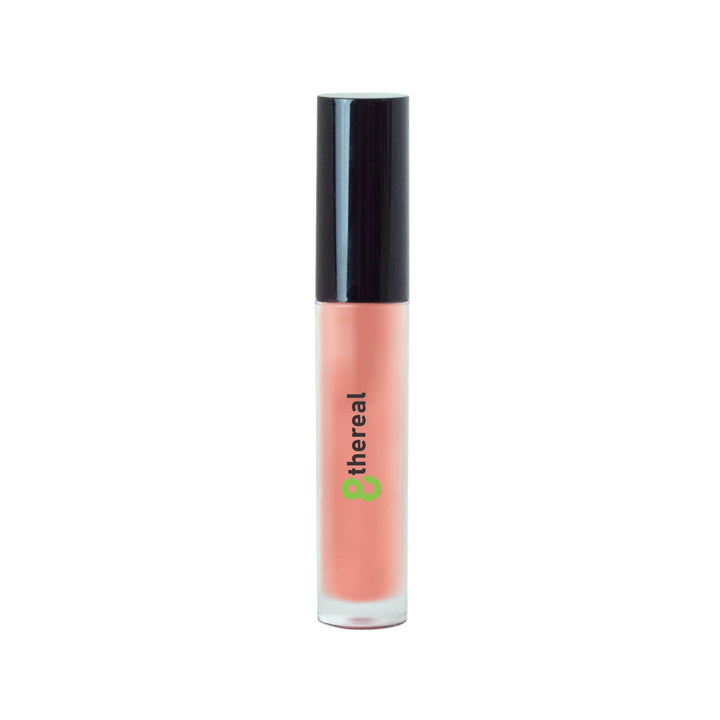 8thereal High-Shine Lip Gloss in a sheer peach tint with a sleek applicator tube and black cap.