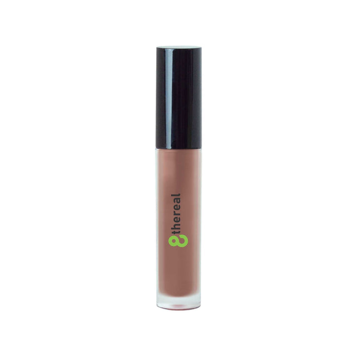 8thereal high-shine lip gloss in a neutral mauve shade with a sleek applicator tube and black cap.