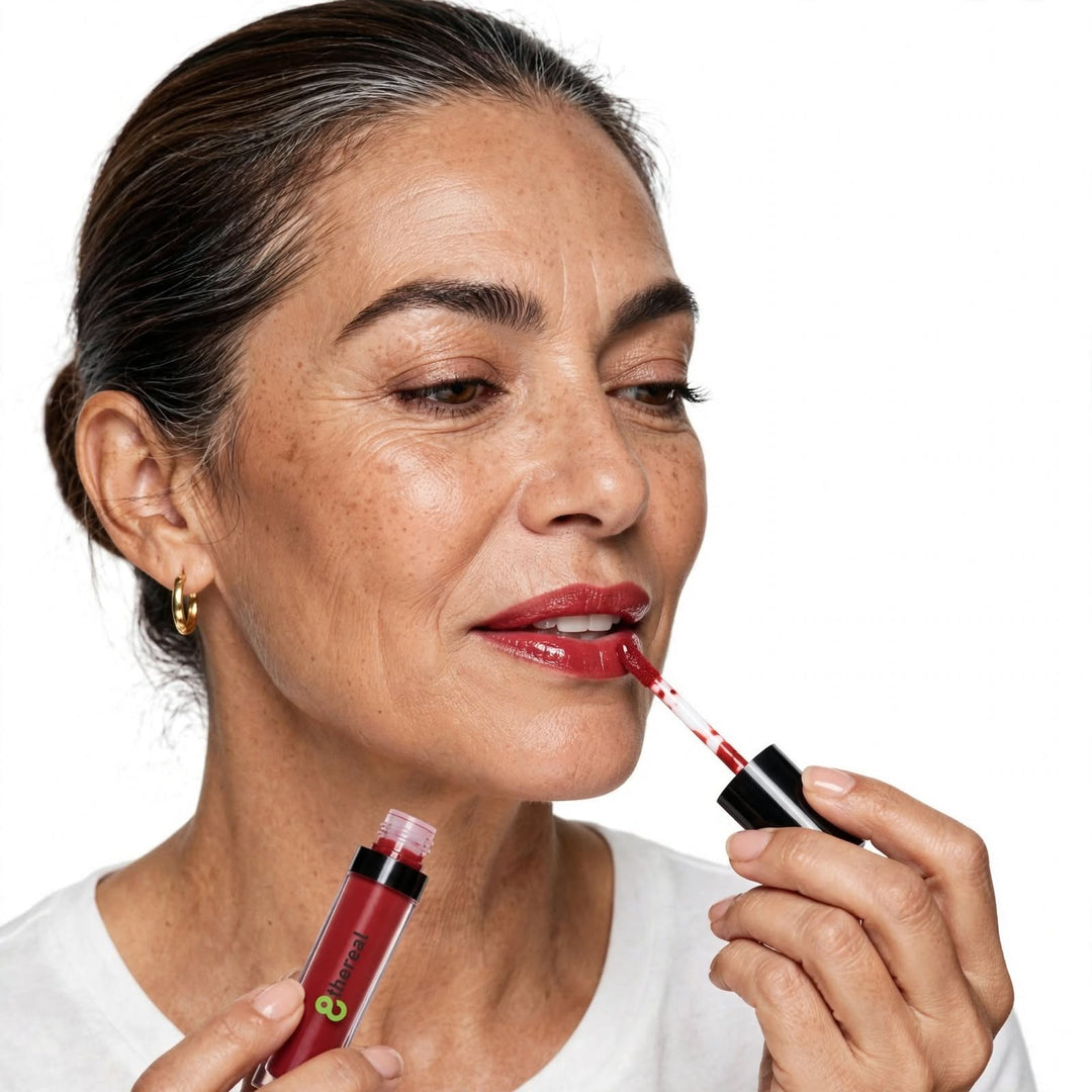 8thereal High-Shine Lip Gloss in a deep red shade being applied to lips by a woman with a radiant, polished look.