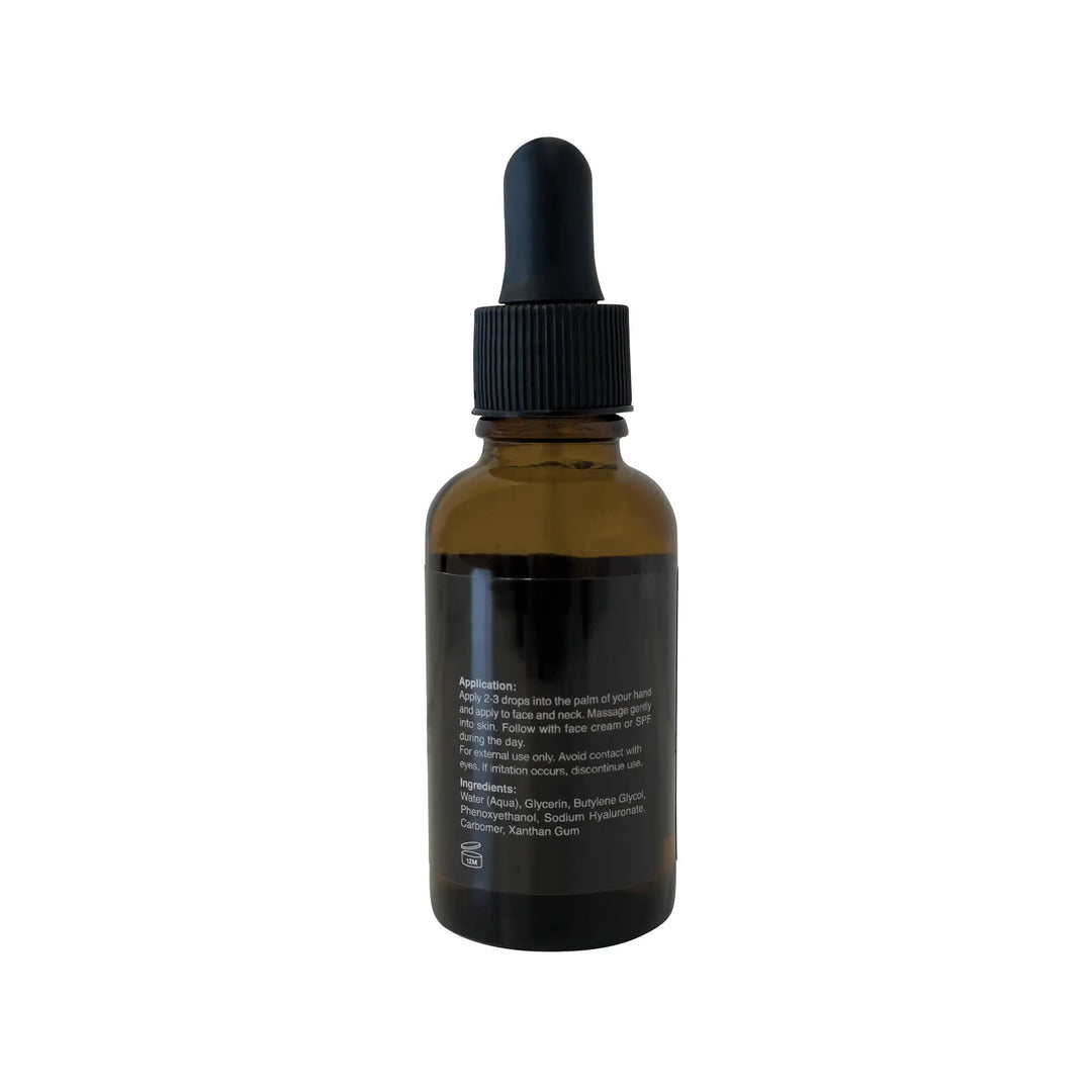 8thereal Luminous Hyaluronic Acid Serum in an amber glass dropper bottle showing application and ingredient details.