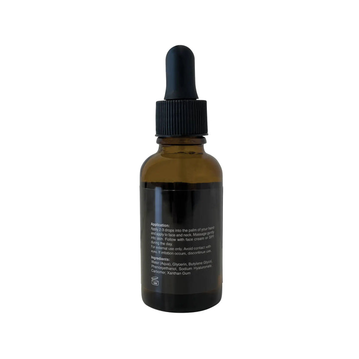 8thereal Luminous Hyaluronic Acid Serum in an amber glass dropper bottle showing application and ingredient details.