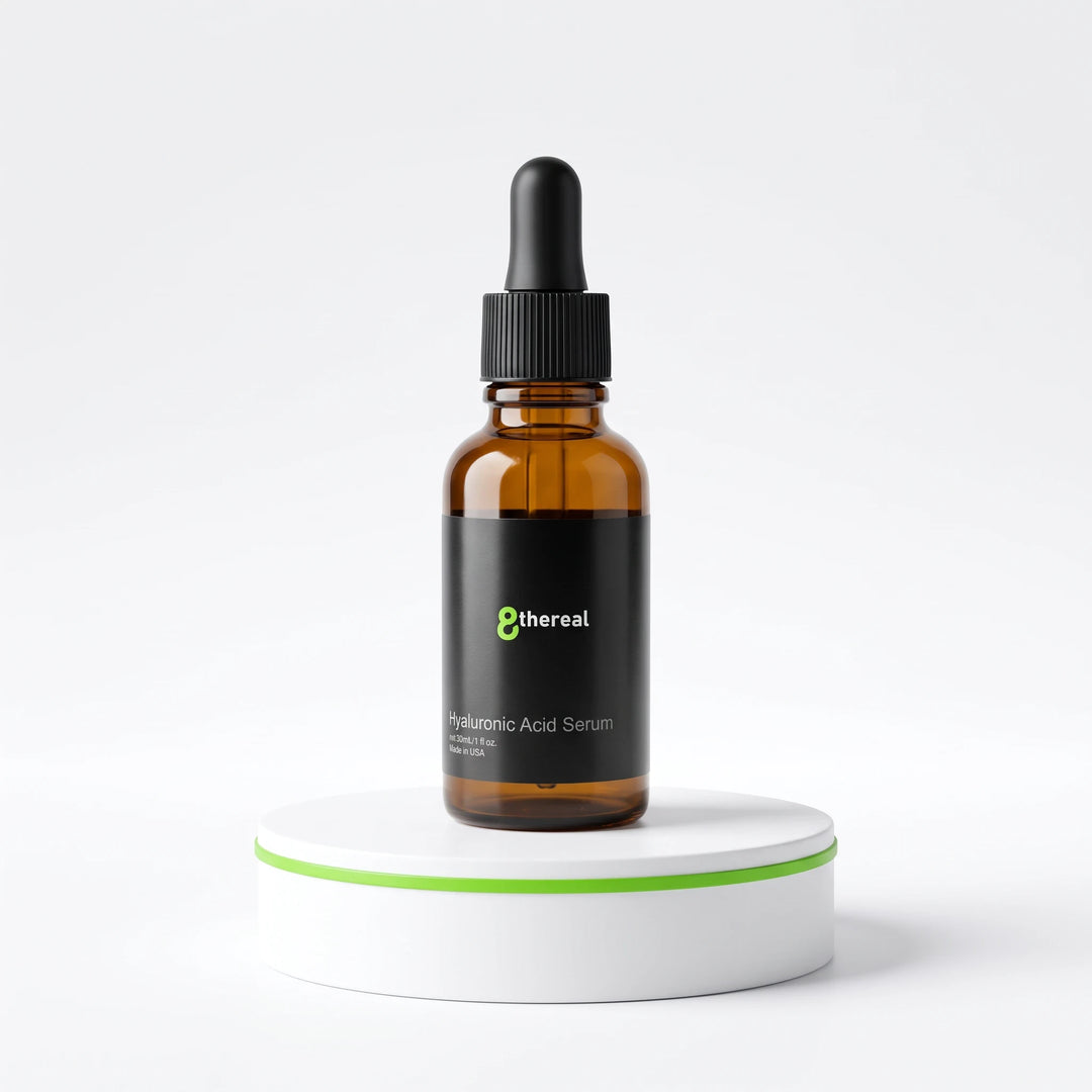 8thereal Luminous Hyaluronic Acid Serum in an amber glass dropper bottle on a white pedestal with a green accent.