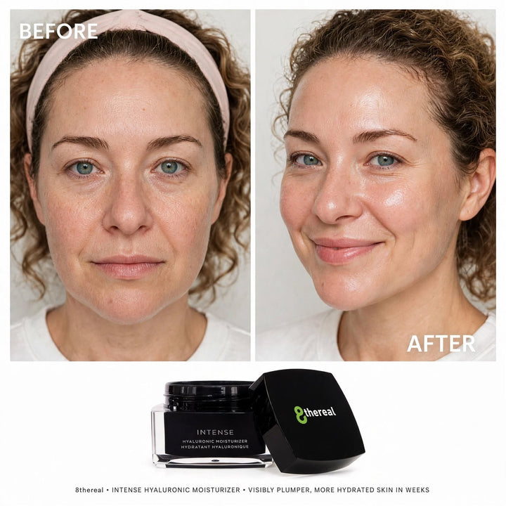 8thereal Intense Hyaluronic Moisturizer before and after comparison showing plumper, glowing, and hydrated skin.