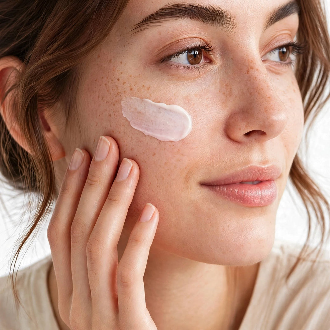 8thereal Intense Hyaluronic Moisturizer cream applied to a woman's cheek for deep hydration and a youthful glow