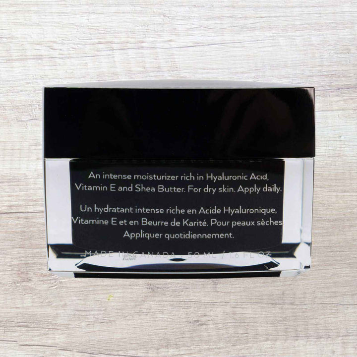 8thereal Intense Hyaluronic Moisturizer jar back view showing ingredients and usage instructions in English and French.