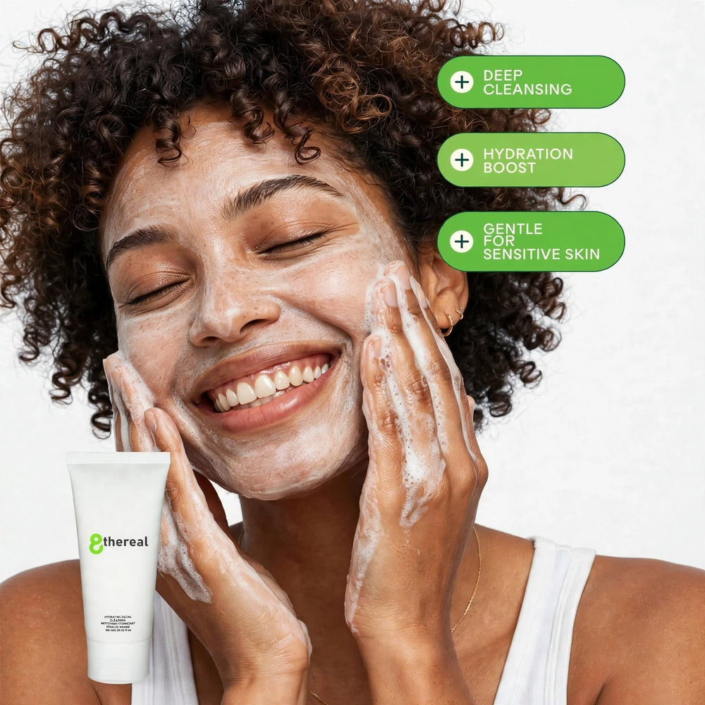 8thereal Hydrating Facial Cleanser being applied by a smiling woman with curly hair, showing a gentle, foamy lather.