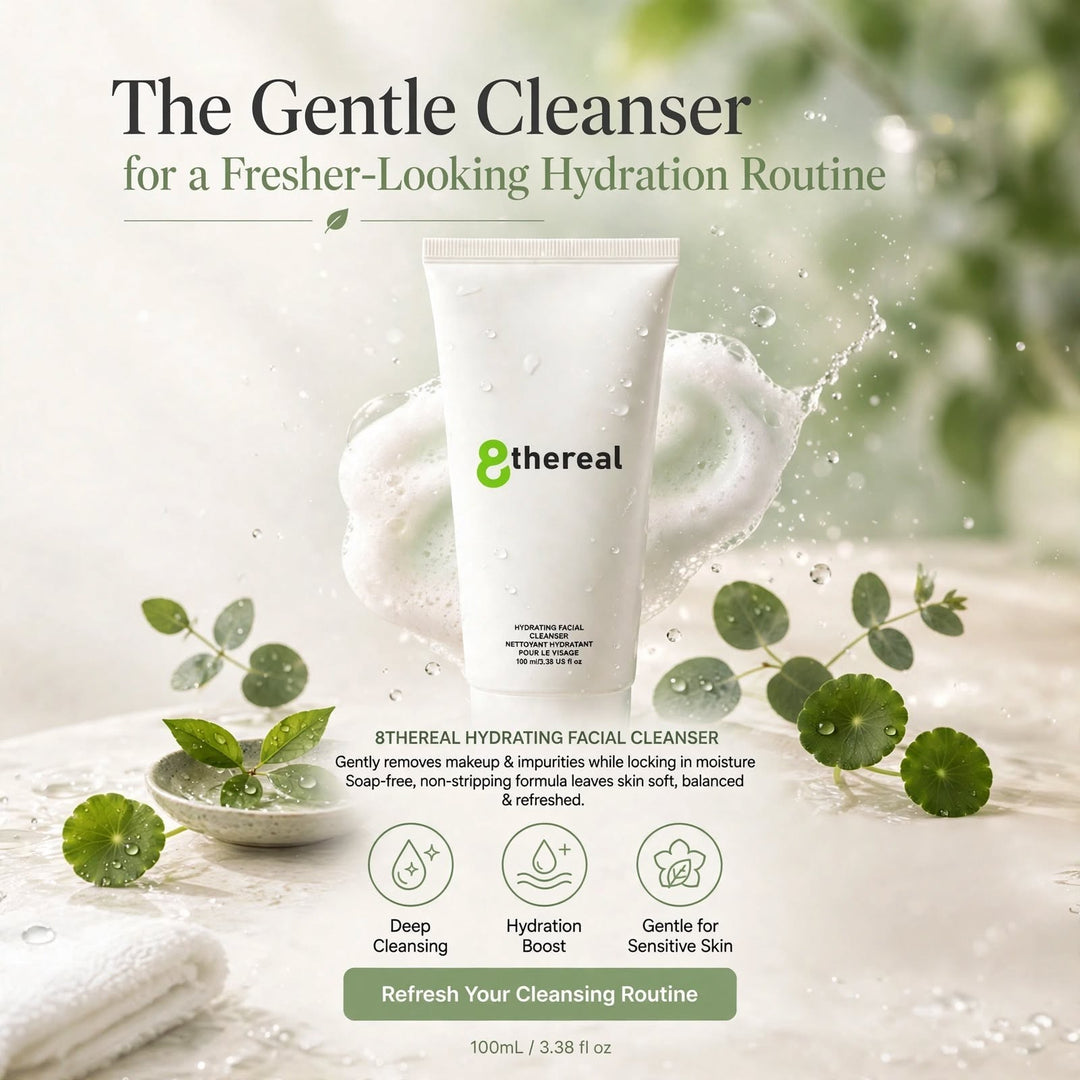 8thereal hydrating facial cleanser in a white tube with soft lather, aloe extract, and refreshing botanical accents.