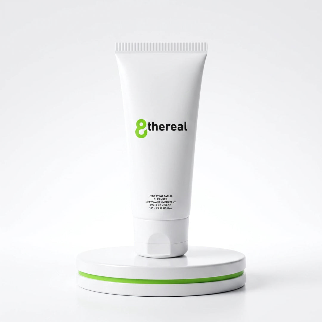 8thereal Hydrating Facial Cleanser in a white squeeze tube on a white and green display stand.
