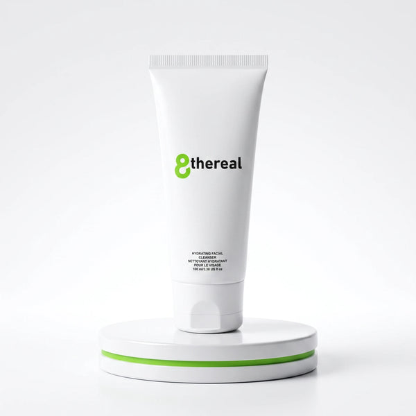 8thereal Hydrating Facial Cleanser in a white squeeze tube on a white and green display stand.