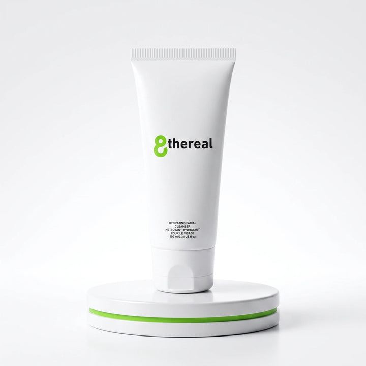 8thereal Hydrating Facial Cleanser in a white squeeze tube on a white and green display stand.