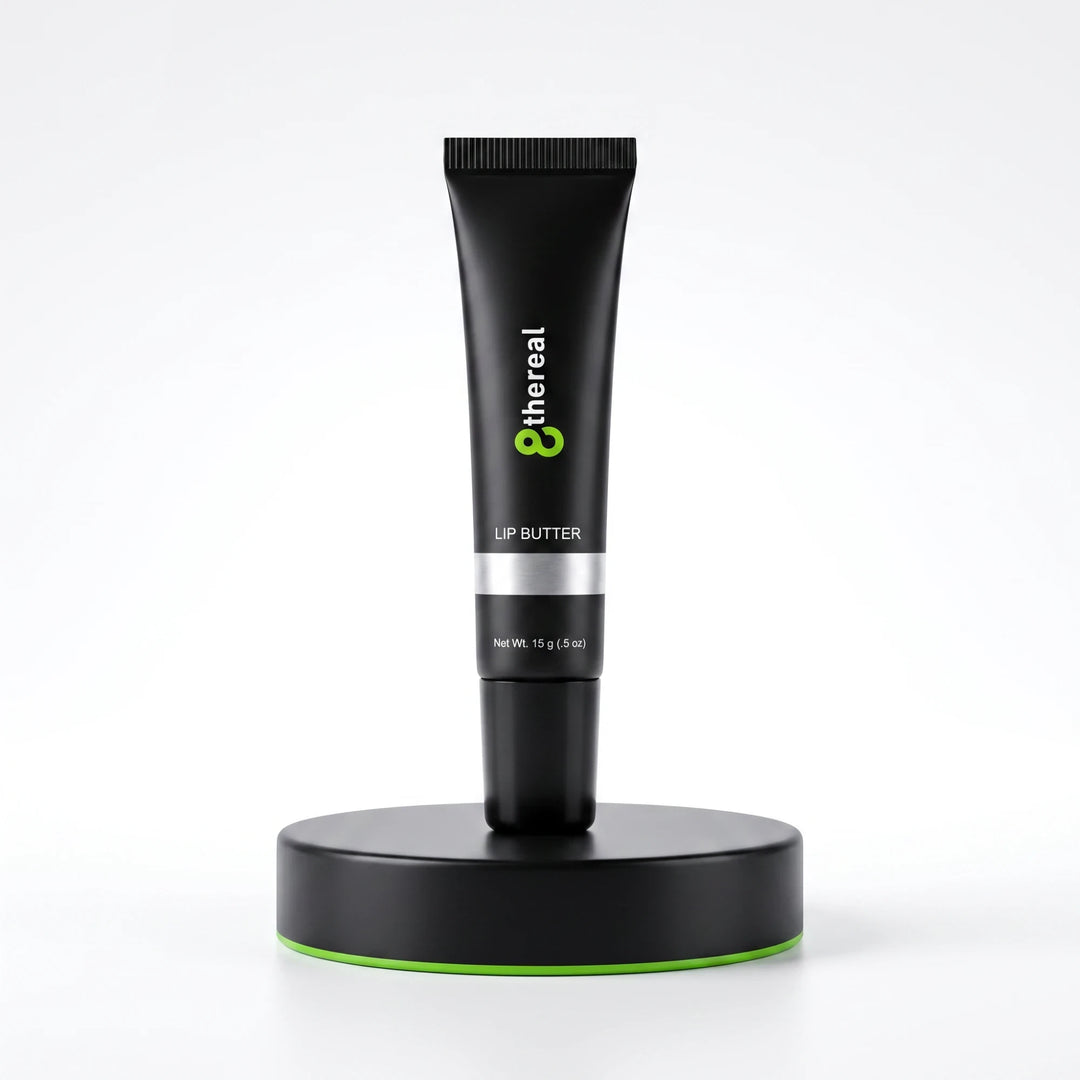 8thereal hydrating lip butter in a sleek black squeeze tube standing upright on a matching black display base.