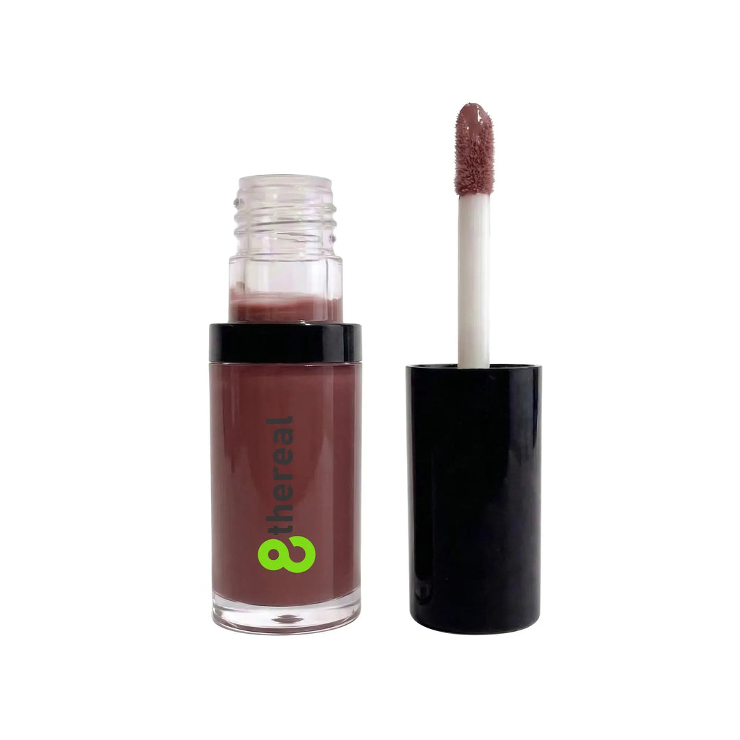8thereal hydrating lip oil in a mauve shade with a doe-foot applicator, featuring a clear bottle and black cap.