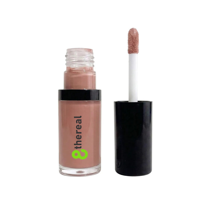 8thereal hydrating lip oil in a nude shade with a doe-foot applicator, featuring a glossy, non-sticky formula.