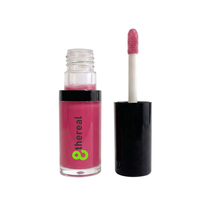 8thereal hydrating lip oil in a pink shade with a doe-foot applicator, featuring a glossy and nourishing formula.