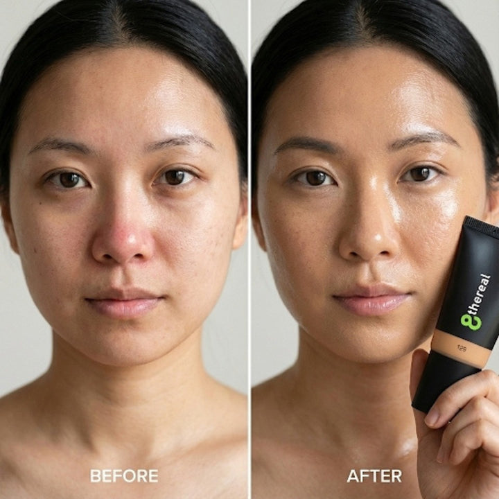 Before and after comparison of 8thereal Hydrating Tinted Moisturizer showing improved skin tone and natural glow.