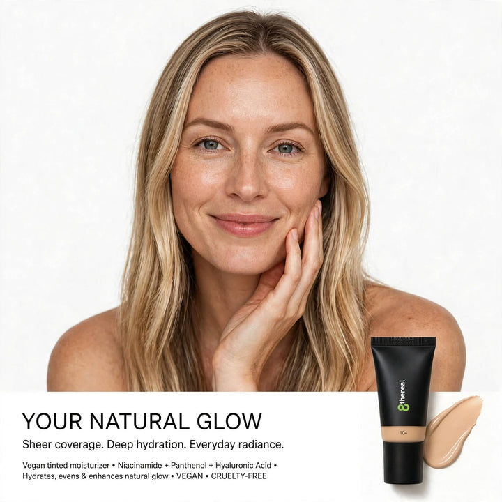 8thereal hydrating tinted moisturizer in a black tube with a swatch of light beige cream on a clean white background