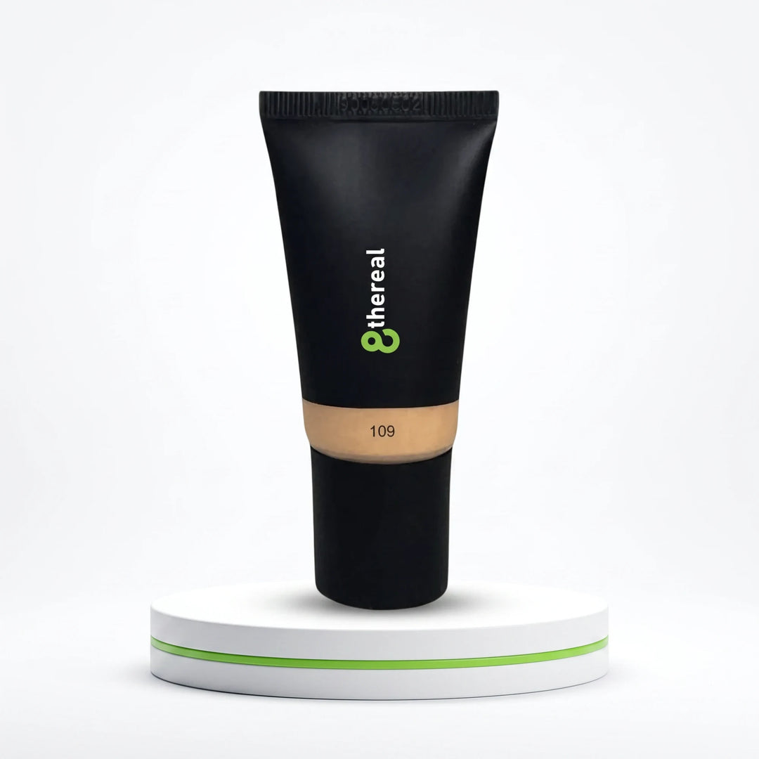 8thereal Hydrating Tinted Moisturizer in shade 109, a lightweight vegan formula in a black squeeze tube on a pedestal.