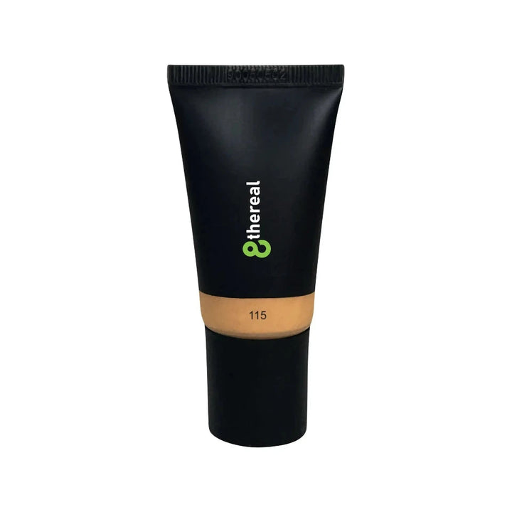 8thereal hydrating tinted moisturizer in shade 115, presented in a sleek black squeeze tube with a minimalist design.