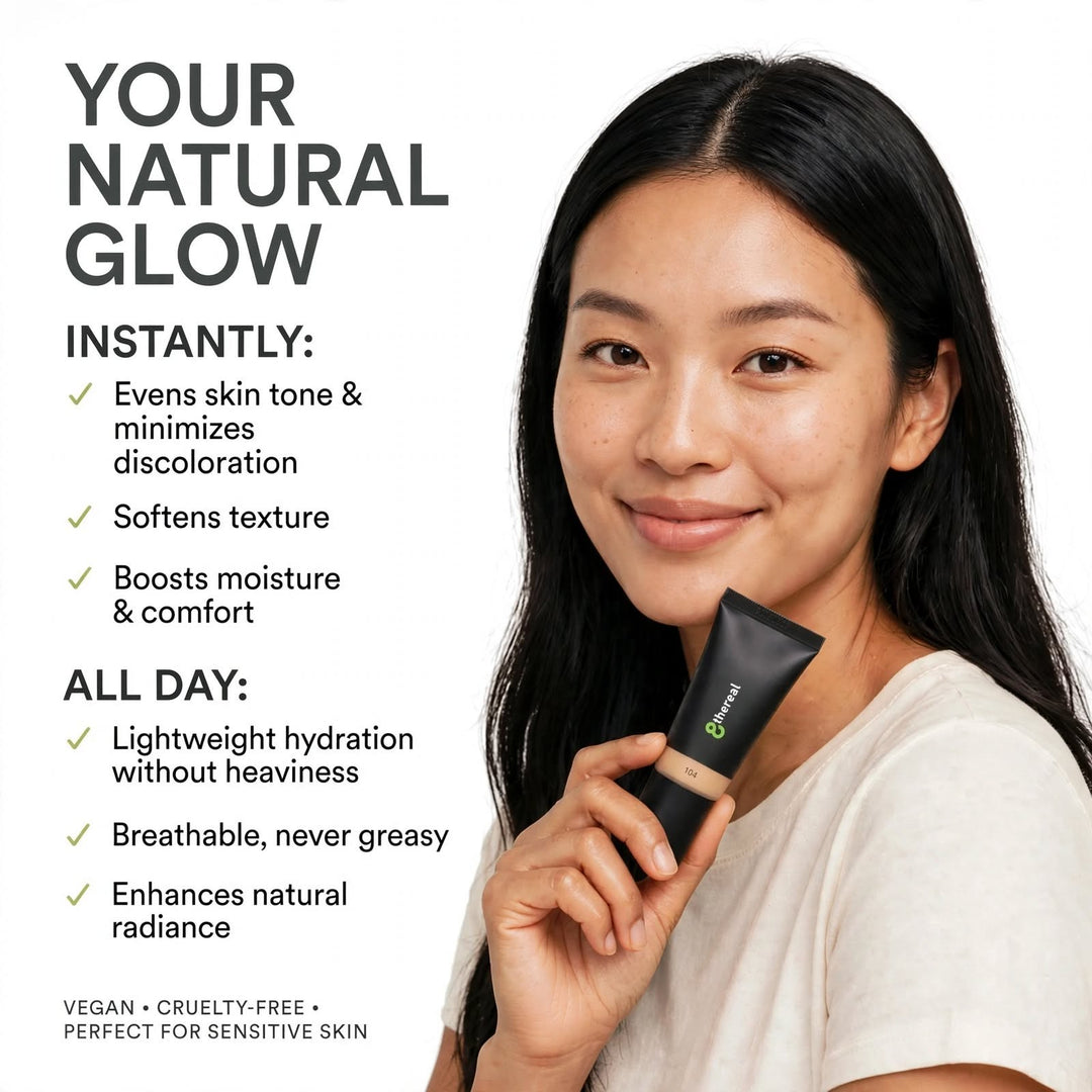 8thereal hydrating tinted moisturizer in a tube held by a smiling woman with natural skin and a radiant glow