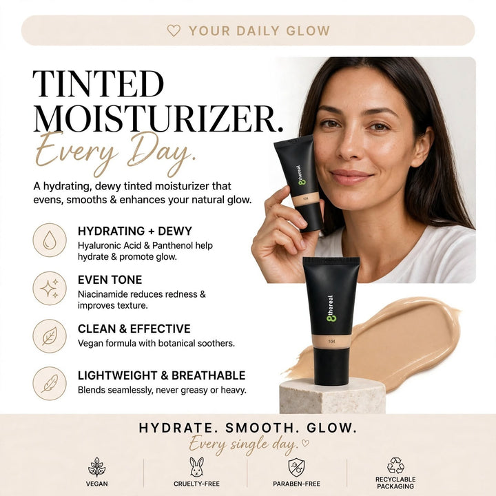 8thereal hydrating tinted moisturizer with hyaluronic acid and niacinamide for a dewy, natural glow on skin.