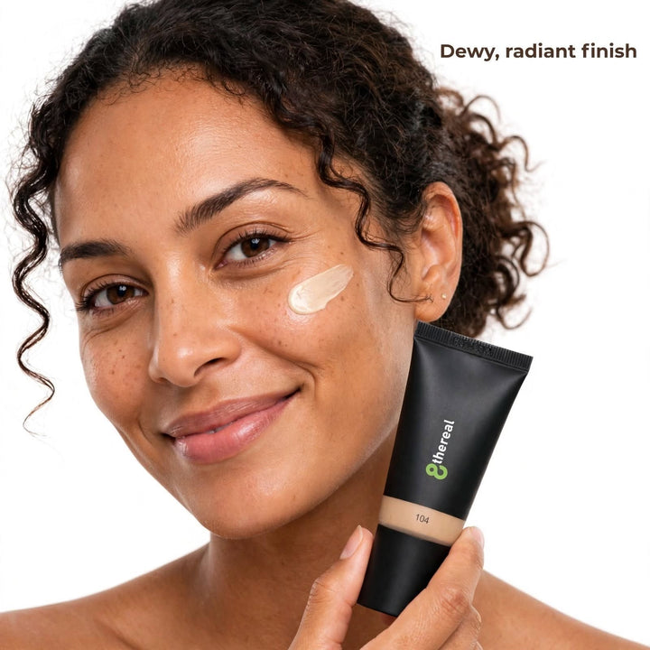 8thereal hydrating tinted moisturizer applied to a model's cheek for a sheer, dewy, and radiant skin finish.