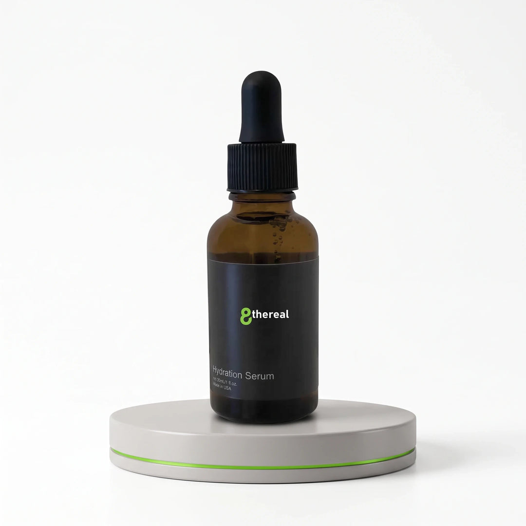 8thereal Maximum Hydration Serum in an amber glass dropper bottle on a minimalist grey display stand.