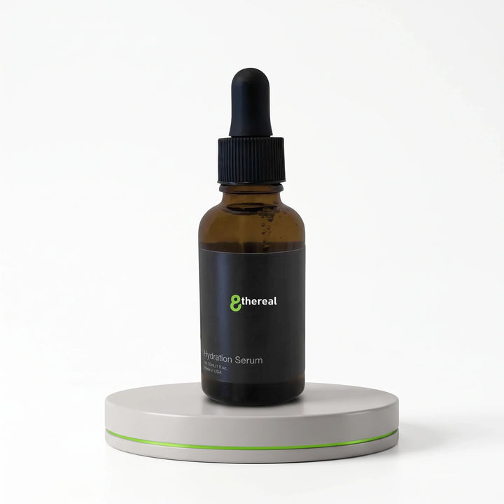 8thereal Maximum Hydration Serum in an amber glass dropper bottle on a minimalist grey display stand.