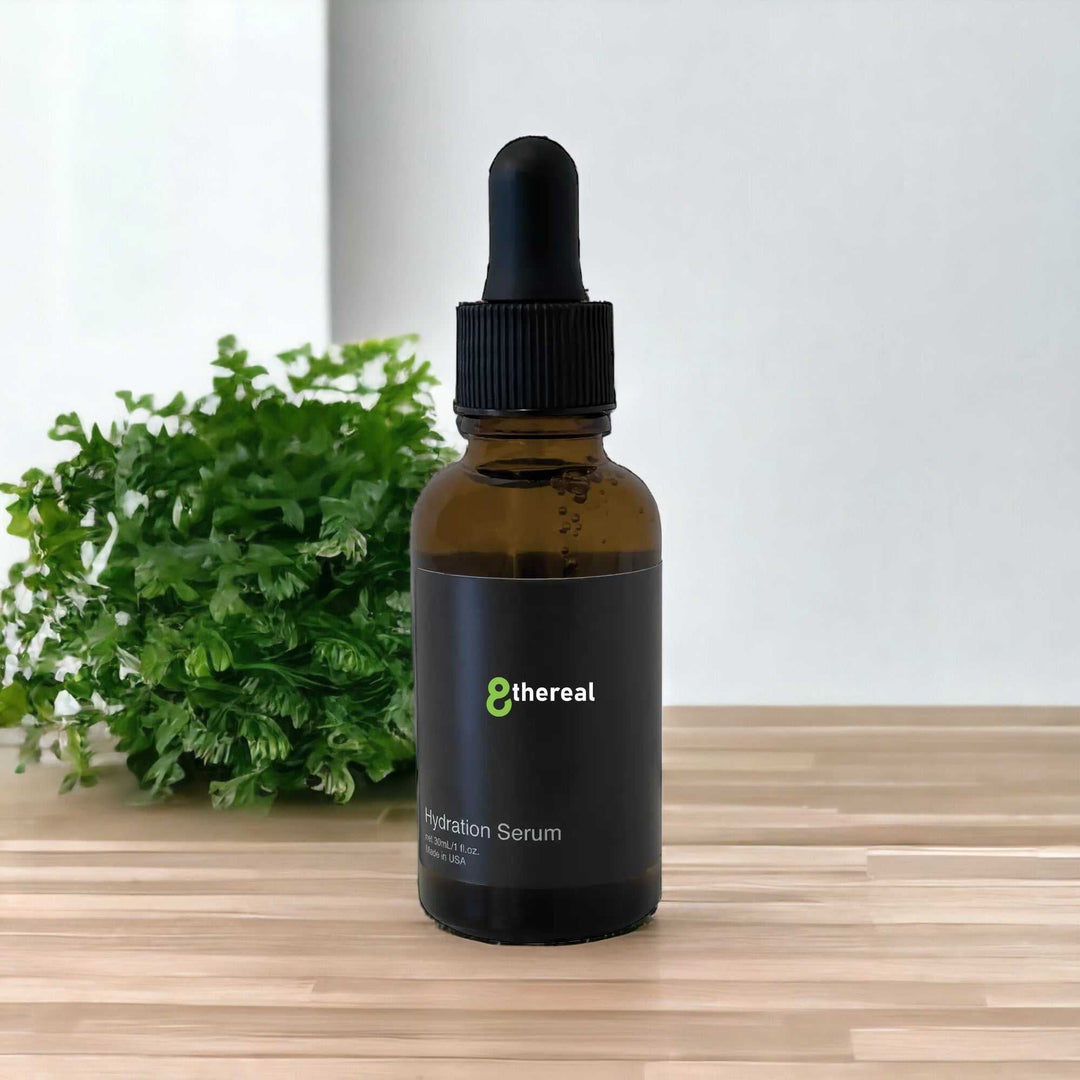 8thereal Maximum Hydration Serum in an amber glass dropper bottle on a wooden surface with a green plant background.