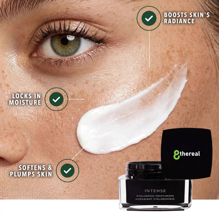 8thereal Intense Hyaluronic Moisturizer cream applied to cheek, showing rich texture, hydration, and skin benefits.