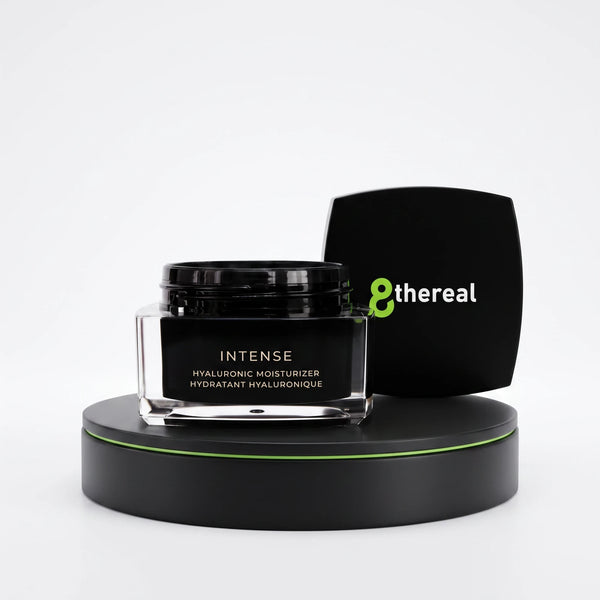 8thereal Intense Hyaluronic Moisturizer in a black glass jar with a matching lid, displayed on a black pedestal.