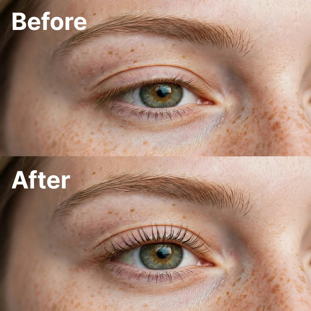 8thereal Lash Rejuvenator before and after results showing fuller, nourished, and defined natural lashes and brows.