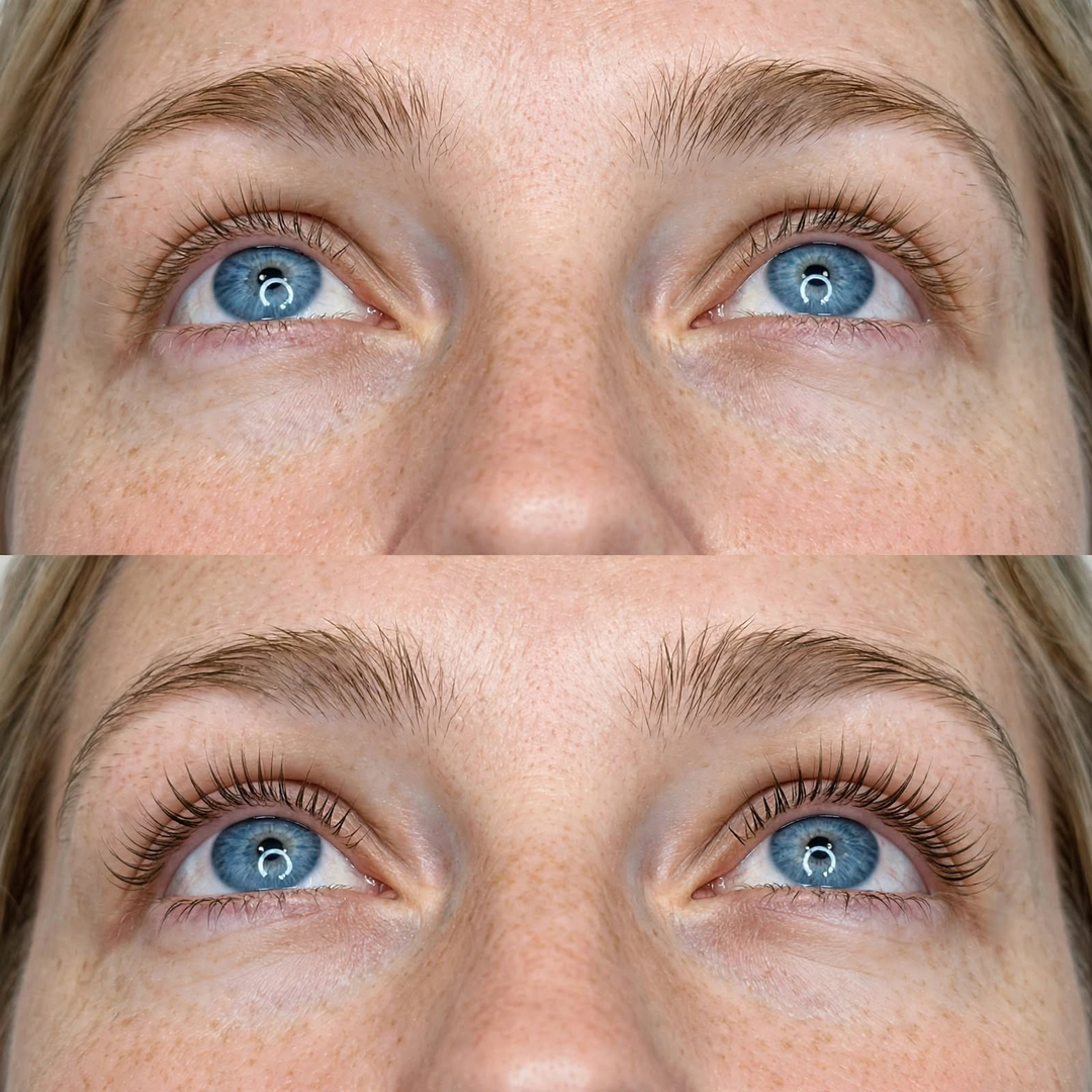 8thereal Lash Rejuvenator before and after results showing fuller, nourished, and conditioned natural lashes and brows