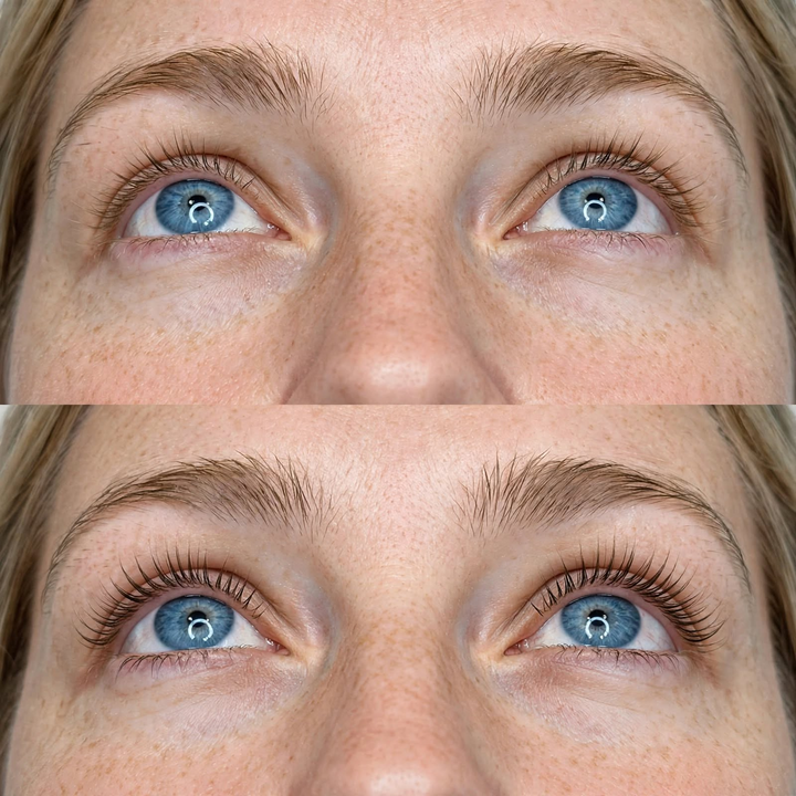 8thereal Lash Rejuvenator before and after results showing fuller, nourished, and conditioned natural lashes and brows