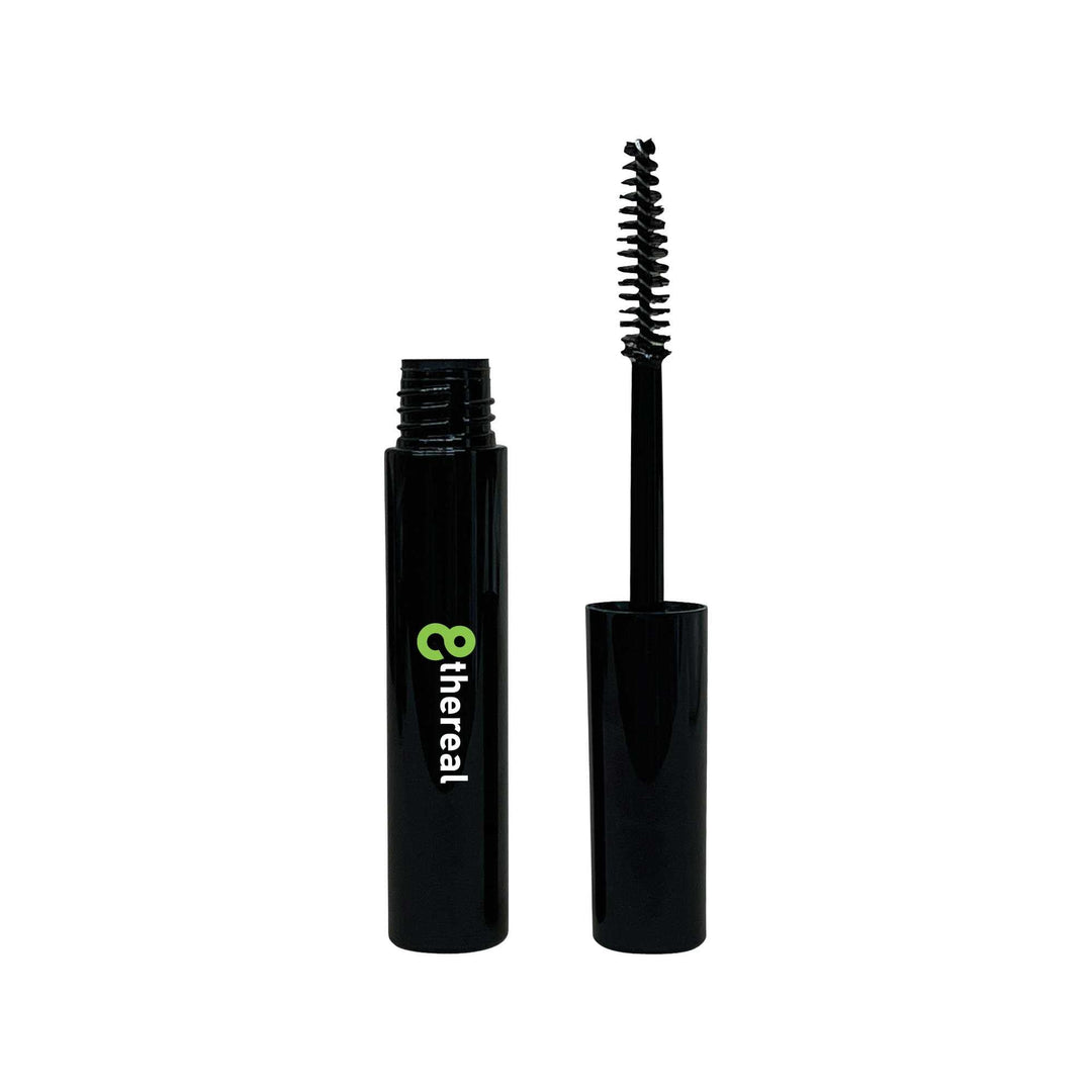 8thereal Lash Rejuvenator clear serum in a sleek black tube with a spoolie applicator for lash and brow nourishment.