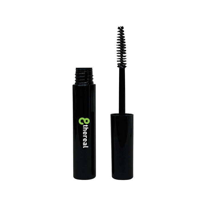 8thereal Lash Rejuvenator clear serum in a sleek black tube with a spoolie applicator for lash and brow nourishment.