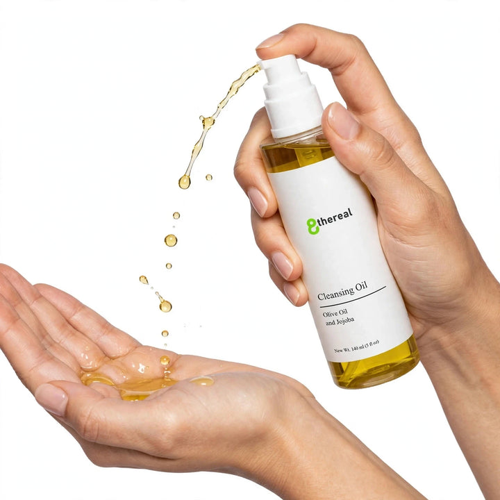 8thereal lightweight cleansing oil being dispensed from a pump bottle into a hand, showing a silky golden texture.
