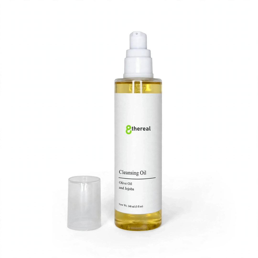 8thereal lightweight cleansing oil in a clear pump bottle with a removable cap, featuring nourishing botanical oils.