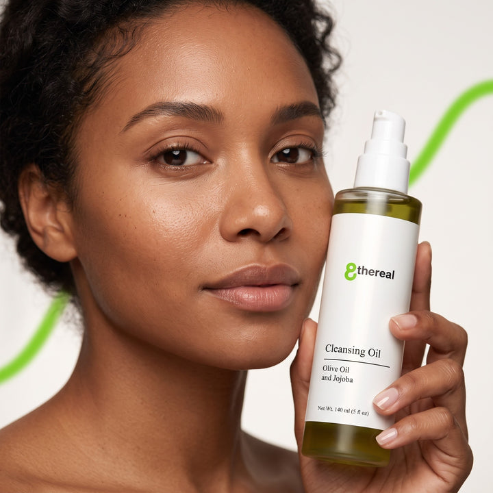 8thereal lightweight cleansing oil held by a woman with glowing skin, featuring a pump bottle with green oil.