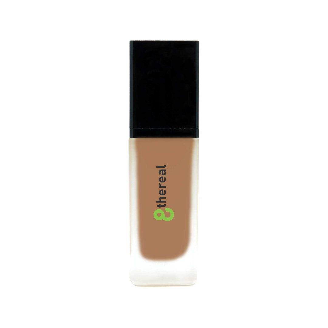 8thereal lightweight foundation bottle with SPF protection and a natural skin-like finish in a glass container