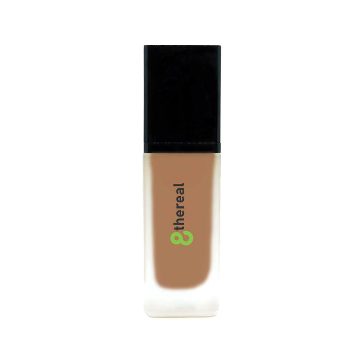 8thereal lightweight foundation bottle with SPF protection and a natural skin-like finish in a glass container