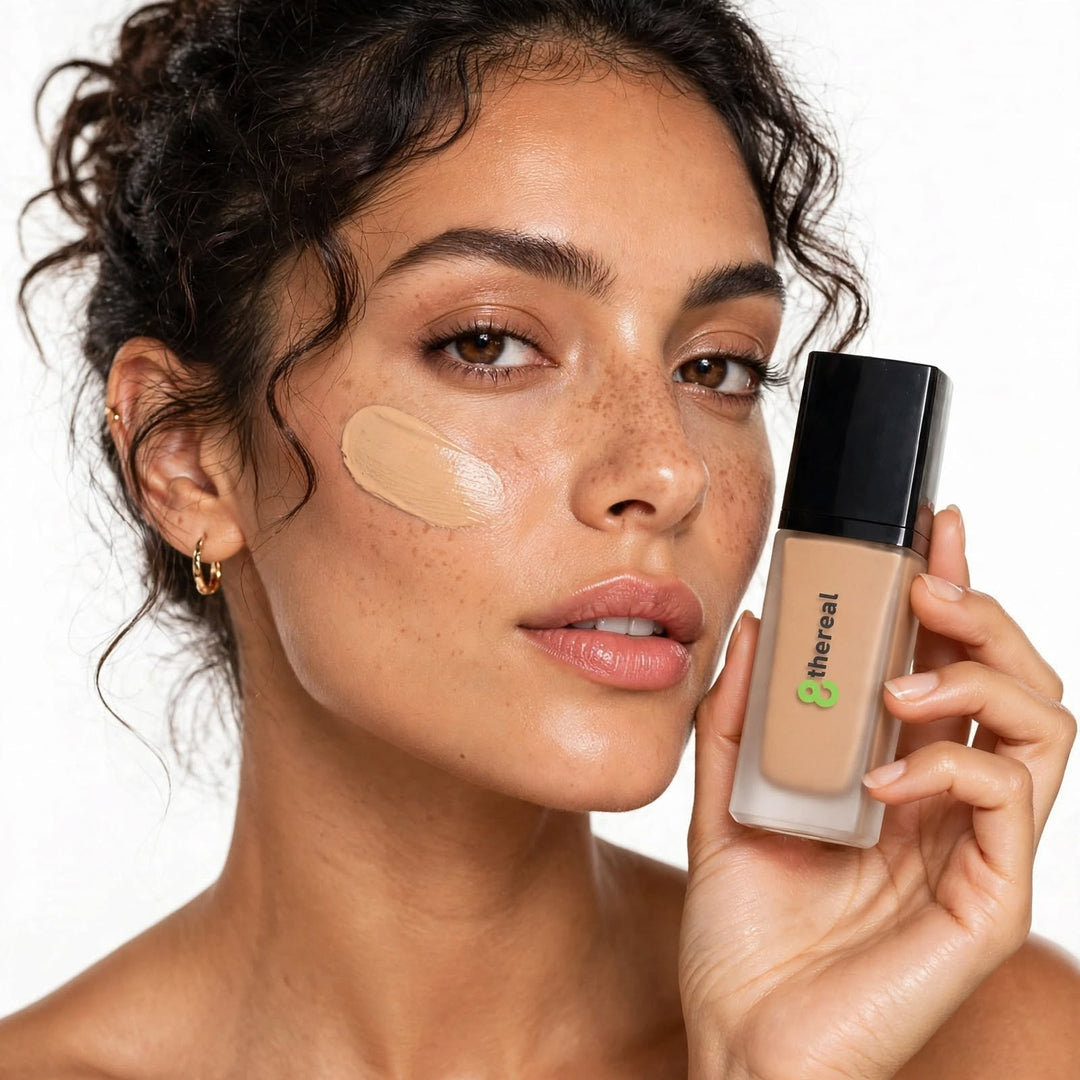 8thereal model applying lightweight buildable foundation with SPF to cheek for natural skin-like finish