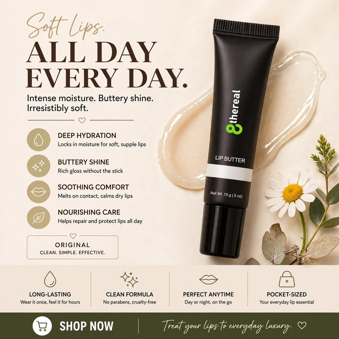 8thereal Lip Butter in a black squeeze tube with a swatch of nourishing, hydrating lip treatment on a neutral background.