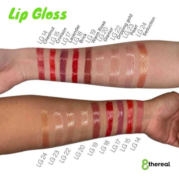 8thereal high-shine lip gloss swatches on two skin tones showing various shades from chestnut to gold pearl