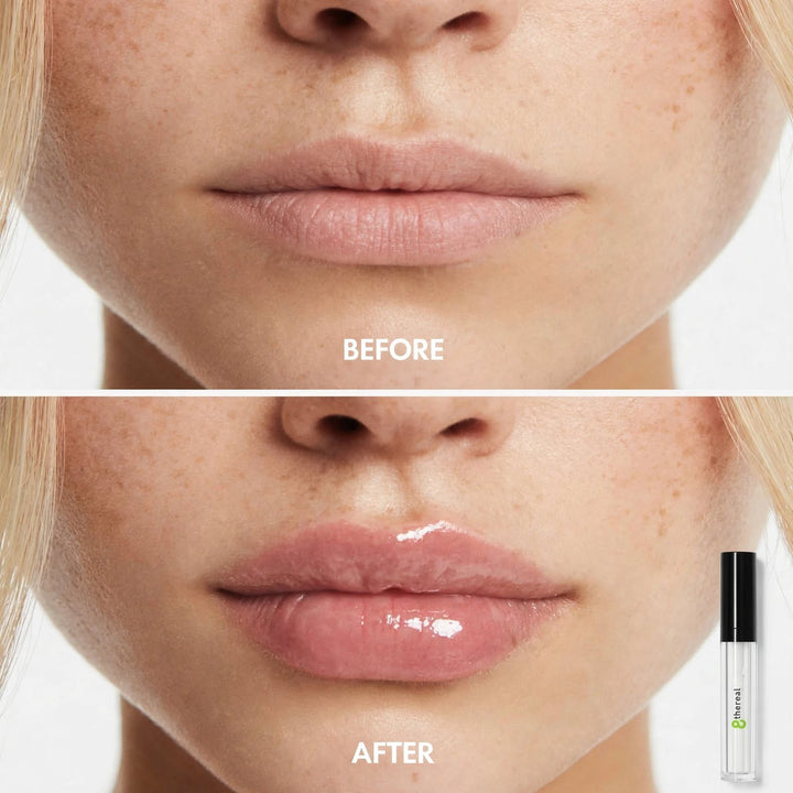 8thereal lip plumper before and after comparison showing fuller, high-shine, hydrated lips on a model.